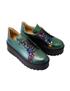Pantofi Dama Verzi cu Imprimeu Multicolor, Platforma si Siret, Piele Naturala Amanda - Încălțăminte Românească 2