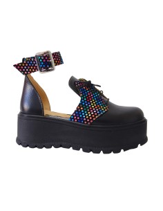 Sandale Inchise in Fata de Dama cu Platforma Negre cu Imprimeu Multicolor, Catarama si Siret Amanda, Piele Naturala - Încălțămin