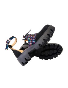 Sandale cu Talpa Groasa Negre Piele Intoarsa cu Imprimeu Colorat, Catarama si Siret Miruna, Piele Naturala - Încălțăminte Române 2