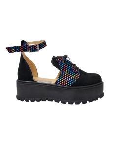 Sandale Platforma Inchise in Fata Negre cu Imprimeu Multicolor, Platforma, Catarama si Siret Amanda, Piele Intoarsa - Încălțămin