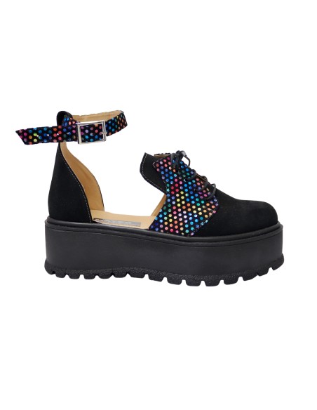 Sandale Platforma Inchise in Fata Negre cu Imprimeu Multicolor, Platforma, Catarama si Siret Amanda, Piele Intoarsa - Încălțămin