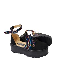 Sandale Platforma Inchise in Fata Negre cu Imprimeu Multicolor, Platforma, Catarama si Siret Amanda, Piele Intoarsa - Încălțămin 2