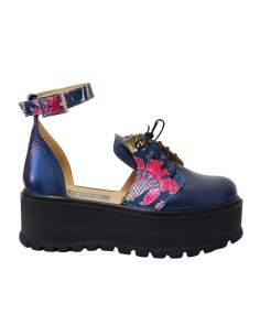 Sandale Dama Piele Naturala Inchise Albastre cu Imprimeu Colorat, Platforma, Catarama si Siret Amanda, Mateo Shoes - Încălțămint