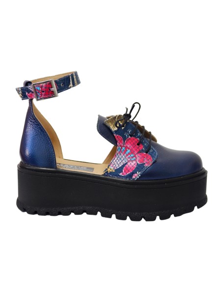 Sandale Dama Piele Naturala Inchise Albastre cu Imprimeu Colorat, Platforma, Catarama si Siret Amanda, Mateo Shoes - Încălțămint