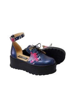 Sandale Dama Piele Naturala Inchise Albastre cu Imprimeu Colorat, Platforma, Catarama si Siret Amanda, Mateo Shoes - Încălțămint 2