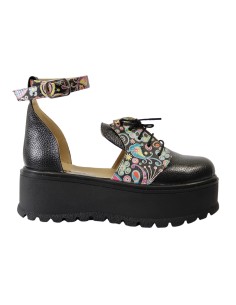 Sandale cu Calcai Inchis Negre cu Imprimeu Multicolor, Platforma, Catarama si Siret Amanda, Piele Intoarsa