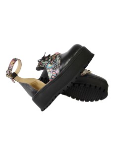 Sandale cu Calcai Inchis Negre cu Imprimeu Multicolor, Platforma, Catarama si Siret Amanda, Piele Intoarsa 2